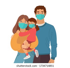 Mother Father and Daughter wear medical masks. Virus and disease prevention. Vector Family illustration.