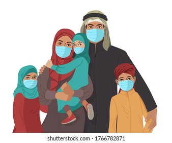 Mother Father Daughters and Son wear medical masks. Virus and disease prevention. Middle Eastern Arab Muslim Persons. Vector Family illustration.