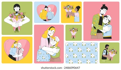 Mother father day bento grid illustration set. Popular holidays 2D vector image collage design graphics collection. Gratitude thank you. Celebration parents diverse flat characters moodboard layout