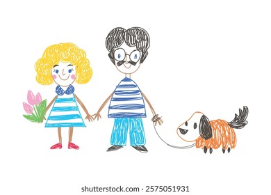 Mother, Father and Dog as Kids Doodle Simple Hand Drawn Element Vector Illustration