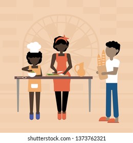 Mother and father educating and teaching their kid. Flat vector illustration. Happy loving family. For web, advertising.