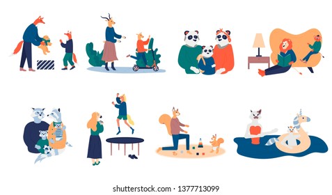 Mother and father educating and teaching their kid. Bundle of happy loving family scenes. Good parenting and nurturing flat vector illustration. Care, trust and support between parents and children