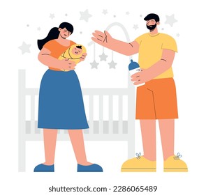 Mother and father feeding a little newborn near the baby sleeper with toys. Flat vector minimalist illustration of family