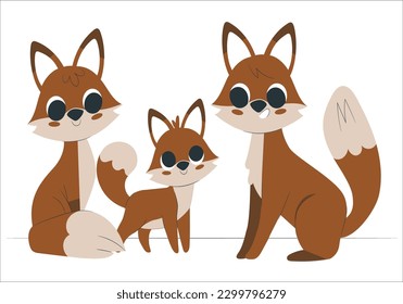 Mother father fox with baby. Charming family love and care, tenderness. Sticker for social media and instant messengers. Forest dwellers, animals and fauna, wild life. Cartoon flat vector illustration