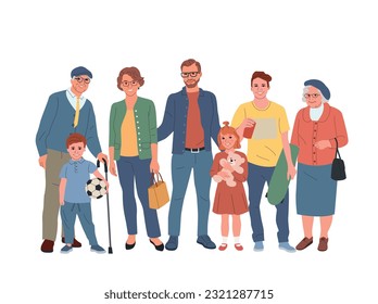 Mother and father, grandmother and grandfather with children. Happy big family isolated.Vector flat style illustration