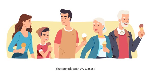 Mother, father, grandmother, grandfather, son kid family generations eating ice-cream walking together. Parents, grandparents couples, child person enjoying communication. Flat vector illustration