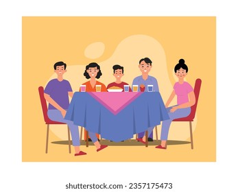 Madre, padre, abuela, abuelo, hijo comen juntos en la mesa de comedor con comida y bebida. Pasando la familia del tiempo. Diseño de caracteres. Ilustración plana del vector