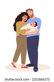 Mother and father holding newborn baby.Woman,man with swaddled infant in arms.Sleeping child in hands of parents.Happy motherhood,decree,parenting.Flat vector illustration isolated on white background