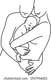 Mother and father holding newborn vector line art. Family silhouette. Happy Mother's day. Father's day.  Woman and man with baby clipart. Mom, dad and baby.