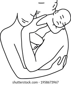 Mother and father holding newborn vector line art. Family silhouette. Happy Mother's day. Father's day.  Woman and man with baby clipart. Mom, dad and baby.