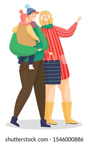 Mother and father holding small kids on hands looking aside. Isolated character wearing warm clothes on winter. Seasonal clothing for man and woman with child on hands. Xmas celebration vector