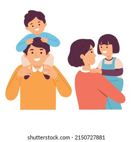 Mother Father hug son daughter parent love happy joy family play clipart vector illustration