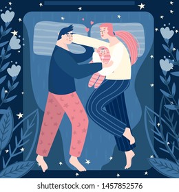 Mother and father hugging child in bed at night. Health care, postpartum depression, mental health  and parenthood.