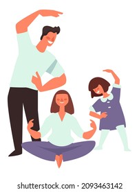 Mother and father with kid doing yoga asanas and meditating. Isolated family members exercising and strengthening body. Male and female keeping fit and caring for health. Vector in flat style