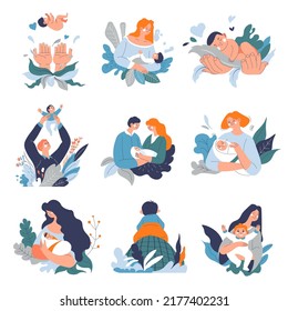 Mother and father with kid, isolated newborn babies with parents. Care and love from mom and dad. Woman breastfeeding kid, playing with infant, hugging looking with tenderness. Vector in flat style