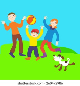 mother father and kid are playing with a ball