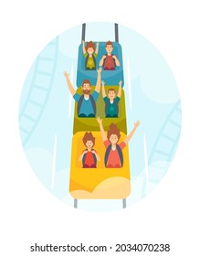 Mother, Father and Kids Characters Riding Roller Coaster, Family Extreme Recreation in Amusement Park, Fun Fair Carnival Weekend Activity, Leisure, Vacation Relax. Cartoon People Vector Illustration