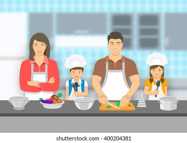 Mother,  father and kids cooking together at a kitchen. Dad cuts vegetables for salad, happy little son and daughter help him. Asian family domestic pastime background. Vector flat illustration