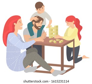 Mother and father with kids at home vector, isolated family playing board game. Fun time of parents and children, parenting and childhood people. Spending time with family and game together