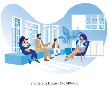 Mother and Father with Kids on Psychologist Consultation. Problem Solving between Parents and Children. Support, Family Psychological Therapy, Doctor Appointment. Cartoon Flat Vector Illustration