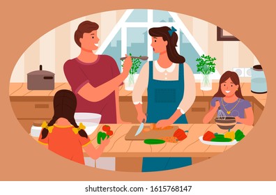 Mother and father with kids preparing food at home. Parents and children making dishes, daughters with mom and dad making meals. Woman cutting carrots on wooden board, domestic chores vector