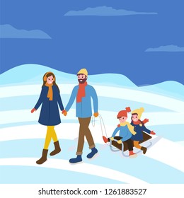 Mother and father, kids sitting on sledges winter season activities vector. Evening married couple with children on sleds, seasonal walks outdoors