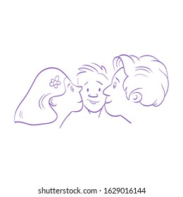 Mother and father kissing their child. Comics cartoon style vector illustration. 