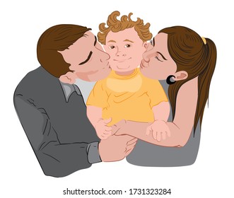 Mother and father are kissing their little kid on his cheeks. Vector