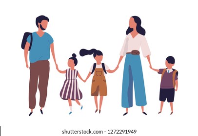 Mother and father leading their children to school. Portrait of modern family walking together. Parents and kids holding hands isolated on white background. Colorful vector illustration in flat style.