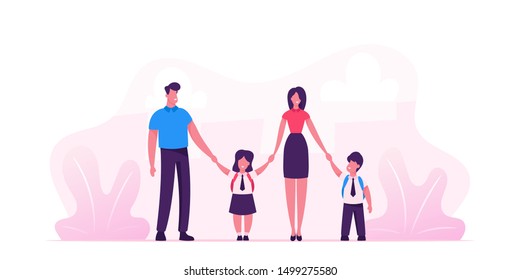 Mother and Father Leading their Children to School. Portrait of Modern Family Walking Together. Parents and Kids in Students Uniform Holding Hands. Back to School. Cartoon Flat Vector Illustration