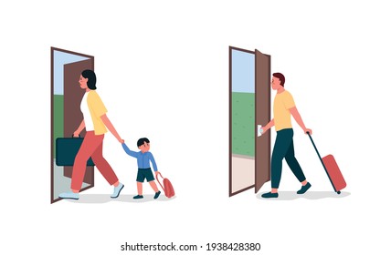 Mother, father leaving flat color vector detailed character set. Father going through door. Family conflict isolated cartoon illustration for web graphic design and animation collection