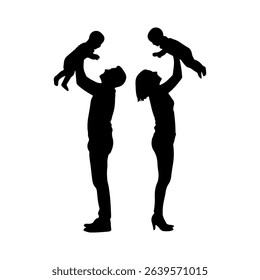 Mother and Father lifting their babies Silhouette Celebrating Father's Day silhouette icon vector flat design on white background