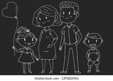 Mother and father with little children. Happy family. Pregnant woman.