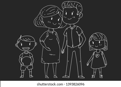 Mother and father with little children. Happy family. Pregnant woman.