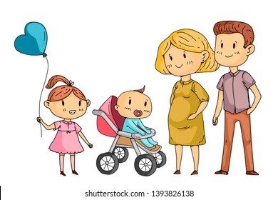 Mother and father with little children. Happy family. Pregnant woman.
