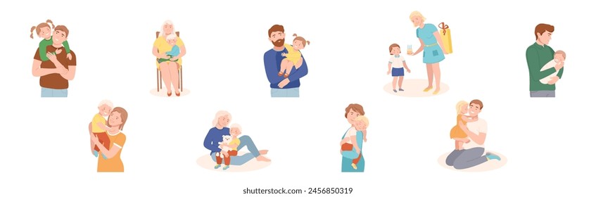 Mother and Father Love Their Kids Play and Embrace Them Vector Set