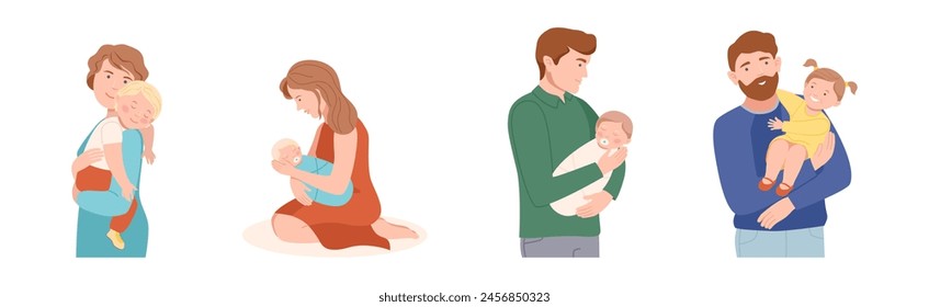Mother and Father Love Their Kids Play and Embrace Them Vector Set