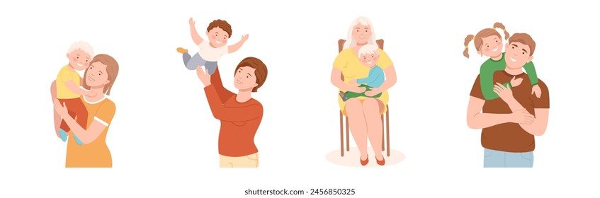 Mother and Father Love Their Kids Play and Embrace Them Vector Set
