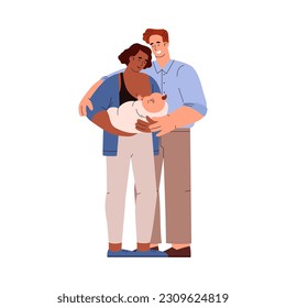 Madre y padre con bebé recién nacido, ilustración vectorial plana aislada en fondo blanco. Concepto de embarazo y paternidad, padres felices con bebé.