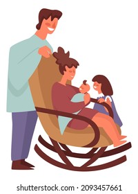 Mother and father with newborn child, daughter meeting little sister. Woman in rocking chair caring for baby. Parenthood and motherhood, mum holding asleep infant. Vector in flat style illustration
