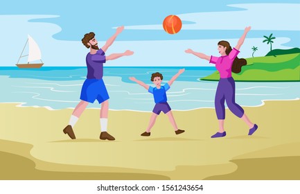 mother and father playing ball with son at beach, family playing outside vector illustration