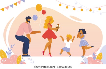 Mother and Father Presenting Puppy to Little Son on Birthday. Dog Best Gift for Child, Family Relations, Love, Festive Event Celebration, Room Decorated with Balloons. Cartoon Flat Vector Illustration