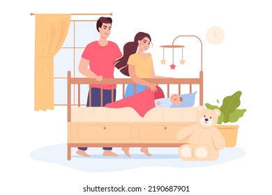 Madre y padre acostando a su bebé en casa. Padres felices mirando a un niño durmiendo en una habitación de guardería de cuna ilustración vectorial plana. Concepto de crianza para banner, diseño de sitio web o web de aterrizaje