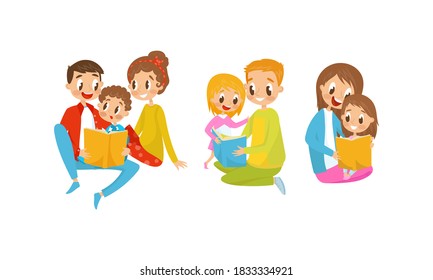 Mother and Father Reading Book to Their Kids Vector Illustration Set