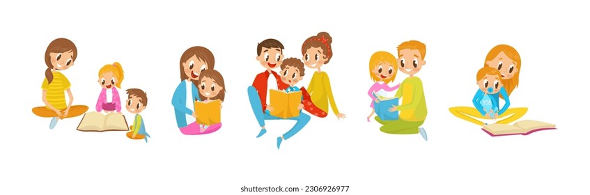 Mother and Father Reading Book to Their Kids Vector Illustration Set
