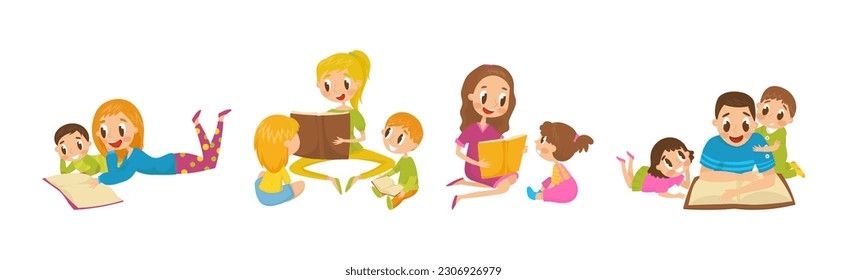 Mother and Father Reading Book to Their Kids Vector Illustration Set
