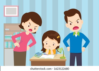 Mother and father scolds children.parents angry at  Daughter and blame her about bad education