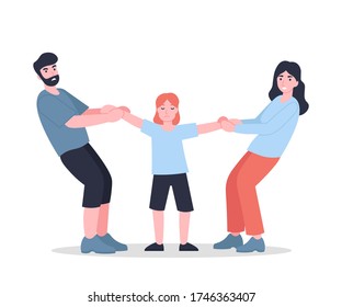 Mother and father share child. Parents  divided kid. Family conflict. Quarrel between husband and wife. Flat vector cartoon modern illustration.