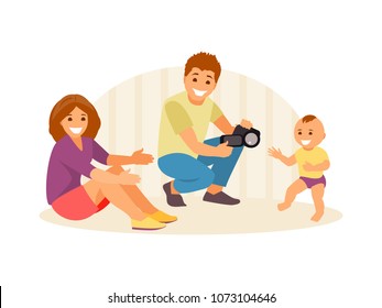 Mother and father shoot the first step of their child on the camera. Happy family moments. Vector illustration