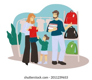 Mother and father shopping buying clothes and books for school. Mom and dad choosing clothing and bags for girl, child asking mommy to purchase suit. Family preparations. Vector in flat style